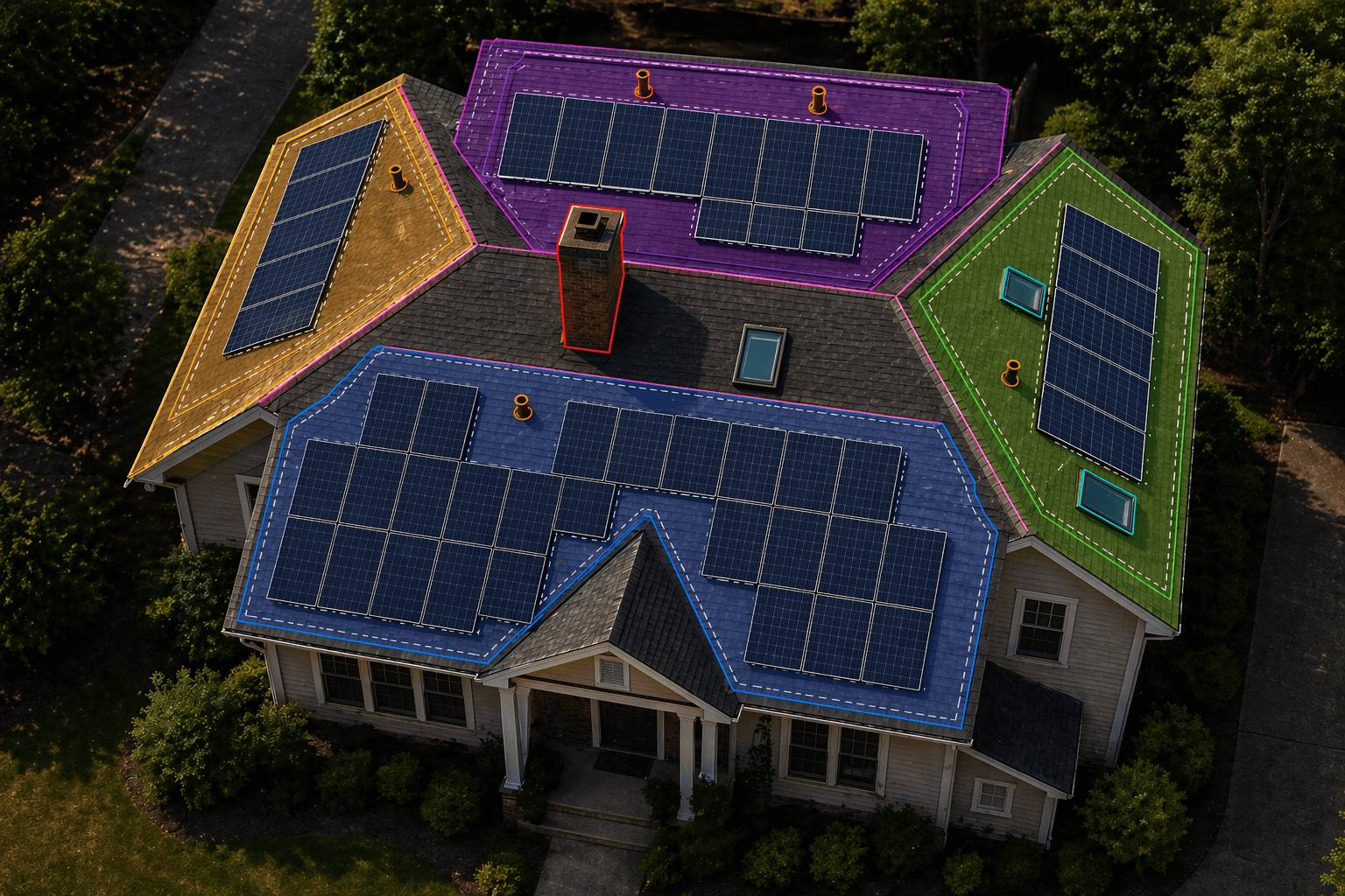 Close-up aerial view of a rooftop with digital boundary lines and slope degree annotations overlaid by AI